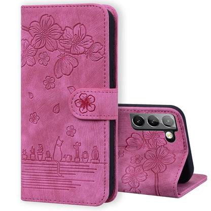 Cartoon Sakura Cat Embossed Leather Phone Case, For Samsung Galaxy S22 5G, For Samsung Galaxy S22+ 5G, For Samsung Galaxy S22 Ultra 5G, For Samsung Galaxy S21 5G, For Samsung Galaxy S21+ 5G, For Samsung Galaxy S21 Ultra 5G                              ...