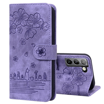 Cartoon Sakura Cat Embossed Leather Phone Case, For Samsung Galaxy S22 5G, For Samsung Galaxy S22+ 5G, For Samsung Galaxy S22 Ultra 5G, For Samsung Galaxy S21 5G, For Samsung Galaxy S21+ 5G, For Samsung Galaxy S21 Ultra 5G                              ...