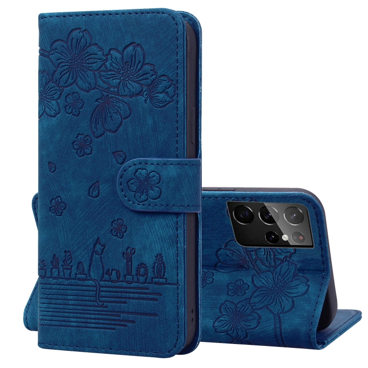 Cartoon Sakura Cat Embossed Leather Phone Case, For Samsung Galaxy S22 5G, For Samsung Galaxy S22+ 5G, For Samsung Galaxy S22 Ultra 5G, For Samsung Galaxy S21 5G, For Samsung Galaxy S21+ 5G, For Samsung Galaxy S21 Ultra 5G                              ...