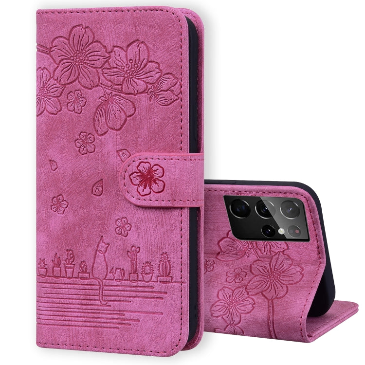Cartoon Sakura Cat Embossed Leather Phone Case, For Samsung Galaxy S22 5G, For Samsung Galaxy S22+ 5G, For Samsung Galaxy S22 Ultra 5G, For Samsung Galaxy S21 5G, For Samsung Galaxy S21+ 5G, For Samsung Galaxy S21 Ultra 5G                              ...