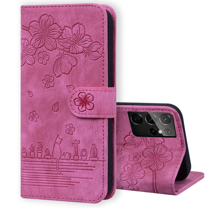 Cartoon Sakura Cat Embossed Leather Phone Case, For Samsung Galaxy S22 5G, For Samsung Galaxy S22+ 5G, For Samsung Galaxy S22 Ultra 5G, For Samsung Galaxy S21 5G, For Samsung Galaxy S21+ 5G, For Samsung Galaxy S21 Ultra 5G                              ...