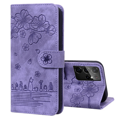 Cartoon Sakura Cat Embossed Leather Phone Case, For Samsung Galaxy S22 5G, For Samsung Galaxy S22+ 5G, For Samsung Galaxy S22 Ultra 5G, For Samsung Galaxy S21 5G, For Samsung Galaxy S21+ 5G, For Samsung Galaxy S21 Ultra 5G                              ...