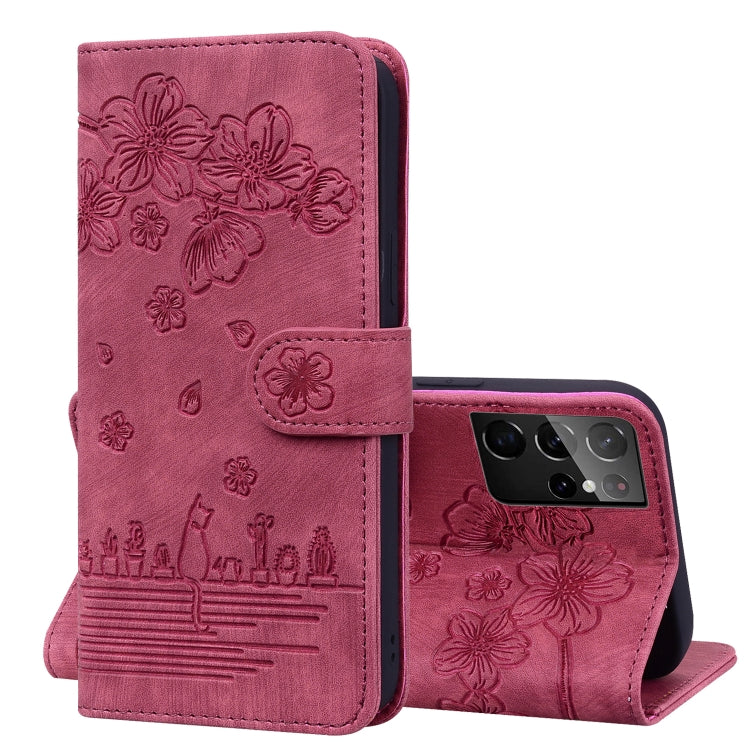 Cartoon Sakura Cat Embossed Leather Phone Case, For Samsung Galaxy S22 5G, For Samsung Galaxy S22+ 5G, For Samsung Galaxy S22 Ultra 5G, For Samsung Galaxy S21 5G, For Samsung Galaxy S21+ 5G, For Samsung Galaxy S21 Ultra 5G                              ...