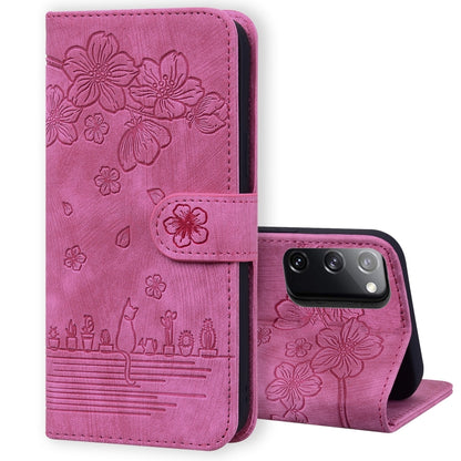Cartoon Sakura Cat Embossed Leather Phone Case, For Samsung Galaxy S22 5G, For Samsung Galaxy S22+ 5G, For Samsung Galaxy S22 Ultra 5G, For Samsung Galaxy S21 5G, For Samsung Galaxy S21+ 5G, For Samsung Galaxy S21 Ultra 5G                              ...