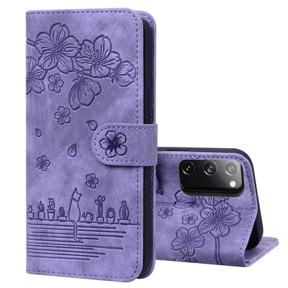Cartoon Sakura Cat Embossed Leather Phone Case, For Samsung Galaxy S22 5G, For Samsung Galaxy S22+ 5G, For Samsung Galaxy S22 Ultra 5G, For Samsung Galaxy S21 5G, For Samsung Galaxy S21+ 5G, For Samsung Galaxy S21 Ultra 5G                              ...