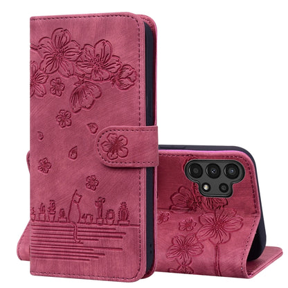 Cartoon Sakura Cat Embossed Leather Phone Case, For Samsung Galaxy S22 5G, For Samsung Galaxy S22+ 5G, For Samsung Galaxy S22 Ultra 5G, For Samsung Galaxy S21 5G, For Samsung Galaxy S21+ 5G, For Samsung Galaxy S21 Ultra 5G                              ...