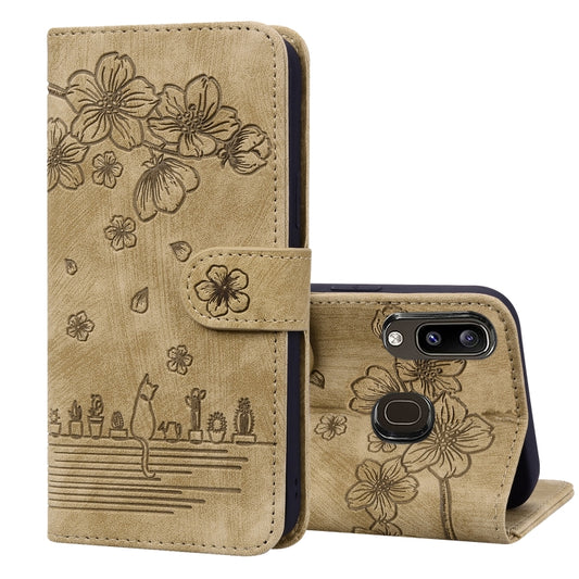 Cartoon Sakura Cat Embossed Leather Phone Case, For Samsung Galaxy A20 / A30, For Samsung Galaxy A22 4G, For Samsung Galaxy A22 5G / A22s 5G, For Samsung Galaxy A30s / A50s / A50, For Samsung Galaxy A32 5G, For Samsung Galaxy A33 5G