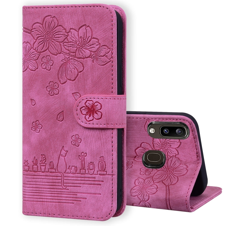 Cartoon Sakura Cat Embossed Leather Phone Case, For Samsung Galaxy A20 / A30, For Samsung Galaxy A22 4G, For Samsung Galaxy A22 5G / A22s 5G, For Samsung Galaxy A30s / A50s / A50, For Samsung Galaxy A32 5G, For Samsung Galaxy A33 5G                    ...