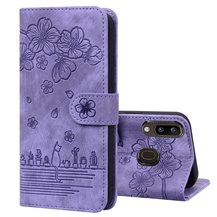 Cartoon Sakura Cat Embossed Leather Phone Case, For Samsung Galaxy A20 / A30, For Samsung Galaxy A22 4G, For Samsung Galaxy A22 5G / A22s 5G, For Samsung Galaxy A30s / A50s / A50, For Samsung Galaxy A32 5G, For Samsung Galaxy A33 5G                    ...