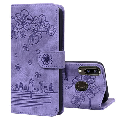 Cartoon Sakura Cat Embossed Leather Phone Case, For Samsung Galaxy A20 / A30, For Samsung Galaxy A22 4G, For Samsung Galaxy A22 5G / A22s 5G, For Samsung Galaxy A30s / A50s / A50, For Samsung Galaxy A32 5G, For Samsung Galaxy A33 5G                    ...
