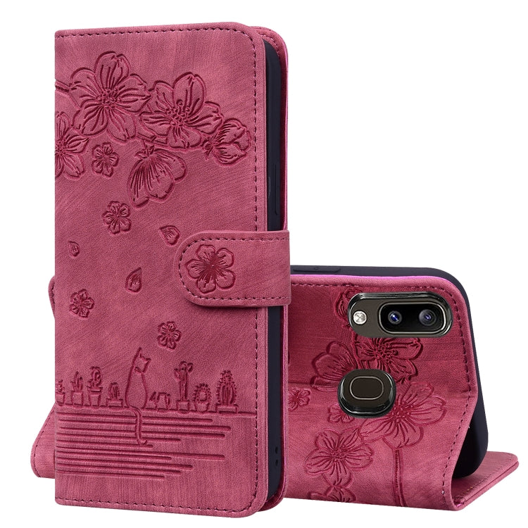 Cartoon Sakura Cat Embossed Leather Phone Case, For Samsung Galaxy A20 / A30, For Samsung Galaxy A22 4G, For Samsung Galaxy A22 5G / A22s 5G, For Samsung Galaxy A30s / A50s / A50, For Samsung Galaxy A32 5G, For Samsung Galaxy A33 5G                    ...