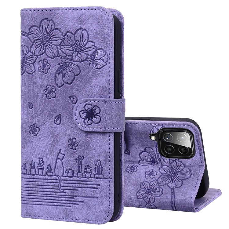 Cartoon Sakura Cat Embossed Leather Phone Case, For Samsung Galaxy A20 / A30, For Samsung Galaxy A22 4G, For Samsung Galaxy A22 5G / A22s 5G, For Samsung Galaxy A30s / A50s / A50, For Samsung Galaxy A32 5G, For Samsung Galaxy A33 5G                    ...