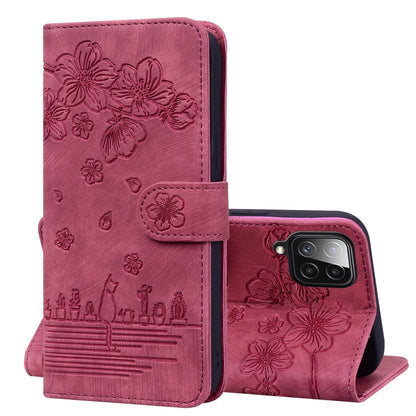 Cartoon Sakura Cat Embossed Leather Phone Case, For Samsung Galaxy A20 / A30, For Samsung Galaxy A22 4G, For Samsung Galaxy A22 5G / A22s 5G, For Samsung Galaxy A30s / A50s / A50, For Samsung Galaxy A32 5G, For Samsung Galaxy A33 5G                    ...