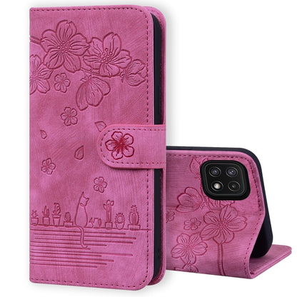 Cartoon Sakura Cat Embossed Leather Phone Case, For Samsung Galaxy A20 / A30, For Samsung Galaxy A22 4G, For Samsung Galaxy A22 5G / A22s 5G, For Samsung Galaxy A30s / A50s / A50, For Samsung Galaxy A32 5G, For Samsung Galaxy A33 5G                    ...