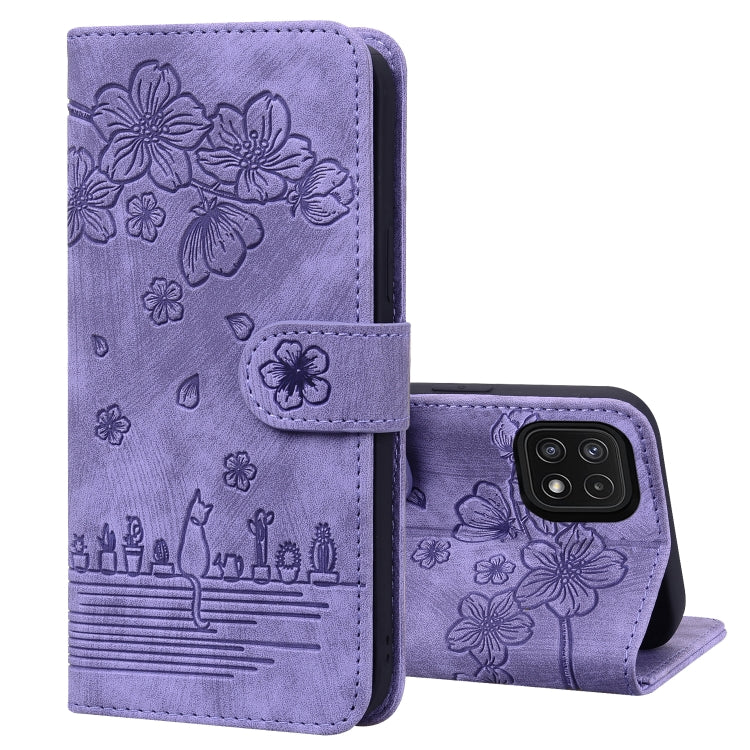 Cartoon Sakura Cat Embossed Leather Phone Case, For Samsung Galaxy A20 / A30, For Samsung Galaxy A22 4G, For Samsung Galaxy A22 5G / A22s 5G, For Samsung Galaxy A30s / A50s / A50, For Samsung Galaxy A32 5G, For Samsung Galaxy A33 5G                    ...