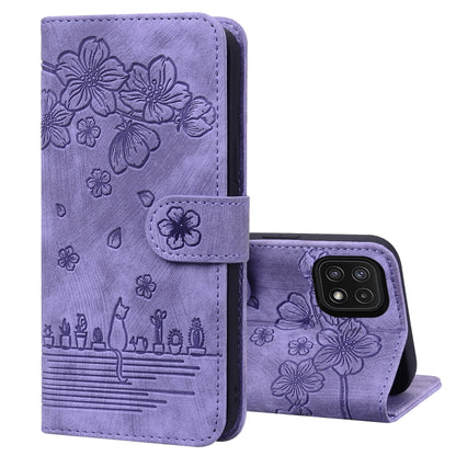 Cartoon Sakura Cat Embossed Leather Phone Case, For Samsung Galaxy A20 / A30, For Samsung Galaxy A22 4G, For Samsung Galaxy A22 5G / A22s 5G, For Samsung Galaxy A30s / A50s / A50, For Samsung Galaxy A32 5G, For Samsung Galaxy A33 5G                    ...