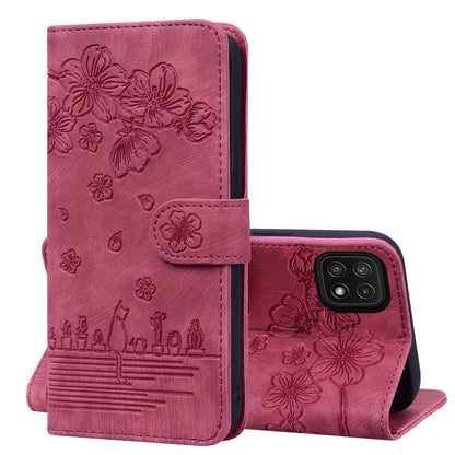 Cartoon Sakura Cat Embossed Leather Phone Case, For Samsung Galaxy A20 / A30, For Samsung Galaxy A22 4G, For Samsung Galaxy A22 5G / A22s 5G, For Samsung Galaxy A30s / A50s / A50, For Samsung Galaxy A32 5G, For Samsung Galaxy A33 5G                    ...