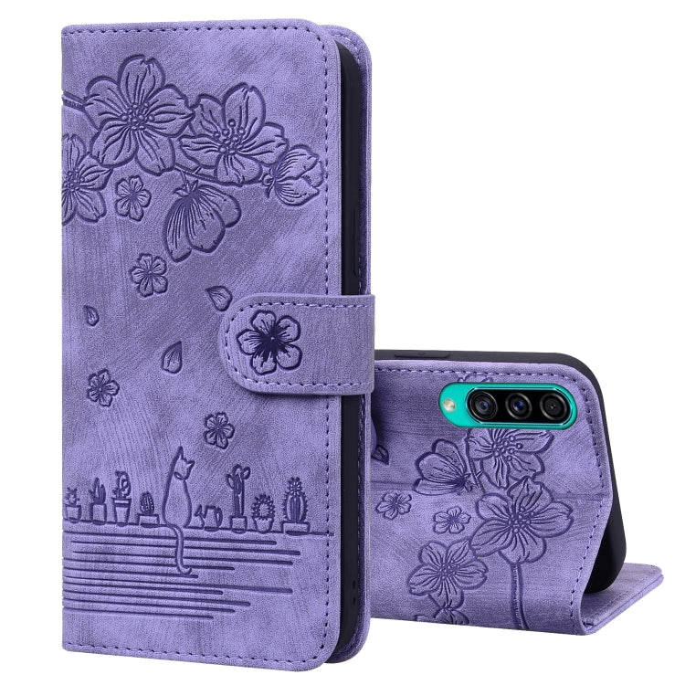 Cartoon Sakura Cat Embossed Leather Phone Case, For Samsung Galaxy A20 / A30, For Samsung Galaxy A22 4G, For Samsung Galaxy A22 5G / A22s 5G, For Samsung Galaxy A30s / A50s / A50, For Samsung Galaxy A32 5G, For Samsung Galaxy A33 5G                    ...