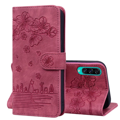 Cartoon Sakura Cat Embossed Leather Phone Case, For Samsung Galaxy A20 / A30, For Samsung Galaxy A22 4G, For Samsung Galaxy A22 5G / A22s 5G, For Samsung Galaxy A30s / A50s / A50, For Samsung Galaxy A32 5G, For Samsung Galaxy A33 5G                    ...
