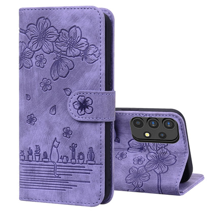 Cartoon Sakura Cat Embossed Leather Phone Case, For Samsung Galaxy A20 / A30, For Samsung Galaxy A22 4G, For Samsung Galaxy A22 5G / A22s 5G, For Samsung Galaxy A30s / A50s / A50, For Samsung Galaxy A32 5G, For Samsung Galaxy A33 5G                    ...
