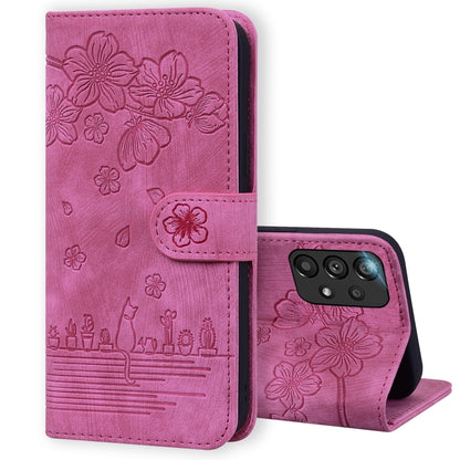 Cartoon Sakura Cat Embossed Leather Phone Case, For Samsung Galaxy A20 / A30, For Samsung Galaxy A22 4G, For Samsung Galaxy A22 5G / A22s 5G, For Samsung Galaxy A30s / A50s / A50, For Samsung Galaxy A32 5G, For Samsung Galaxy A33 5G                    ...