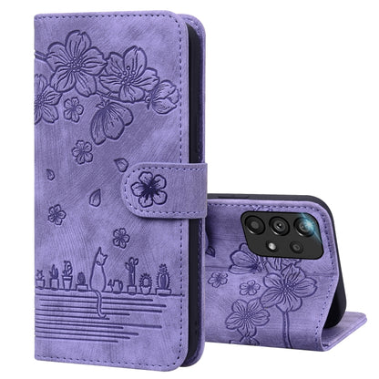 Cartoon Sakura Cat Embossed Leather Phone Case, For Samsung Galaxy A20 / A30, For Samsung Galaxy A22 4G, For Samsung Galaxy A22 5G / A22s 5G, For Samsung Galaxy A30s / A50s / A50, For Samsung Galaxy A32 5G, For Samsung Galaxy A33 5G                    ...
