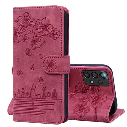 Cartoon Sakura Cat Embossed Leather Phone Case, For Samsung Galaxy A20 / A30, For Samsung Galaxy A22 4G, For Samsung Galaxy A22 5G / A22s 5G, For Samsung Galaxy A30s / A50s / A50, For Samsung Galaxy A32 5G, For Samsung Galaxy A33 5G                    ...