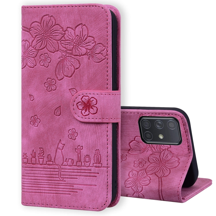 Cartoon Sakura Cat Embossed Leather Phone Case, For Samsung Galaxy A20 / A30, For Samsung Galaxy A22 4G, For Samsung Galaxy A22 5G / A22s 5G, For Samsung Galaxy A30s / A50s / A50, For Samsung Galaxy A32 5G, For Samsung Galaxy A33 5G                    ...