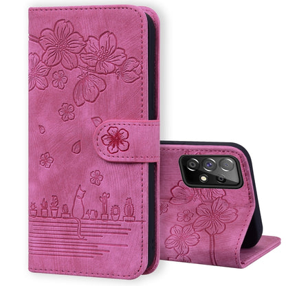 Cartoon Sakura Cat Embossed Leather Phone Case, For Samsung Galaxy A20 / A30, For Samsung Galaxy A22 4G, For Samsung Galaxy A22 5G / A22s 5G, For Samsung Galaxy A30s / A50s / A50, For Samsung Galaxy A32 5G, For Samsung Galaxy A33 5G                    ...