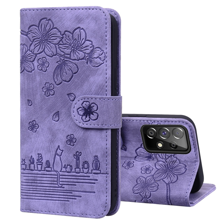 Cartoon Sakura Cat Embossed Leather Phone Case, For Samsung Galaxy A20 / A30, For Samsung Galaxy A22 4G, For Samsung Galaxy A22 5G / A22s 5G, For Samsung Galaxy A30s / A50s / A50, For Samsung Galaxy A32 5G, For Samsung Galaxy A33 5G                    ...