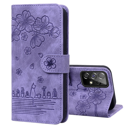 Cartoon Sakura Cat Embossed Leather Phone Case, For Samsung Galaxy A20 / A30, For Samsung Galaxy A22 4G, For Samsung Galaxy A22 5G / A22s 5G, For Samsung Galaxy A30s / A50s / A50, For Samsung Galaxy A32 5G, For Samsung Galaxy A33 5G                    ...