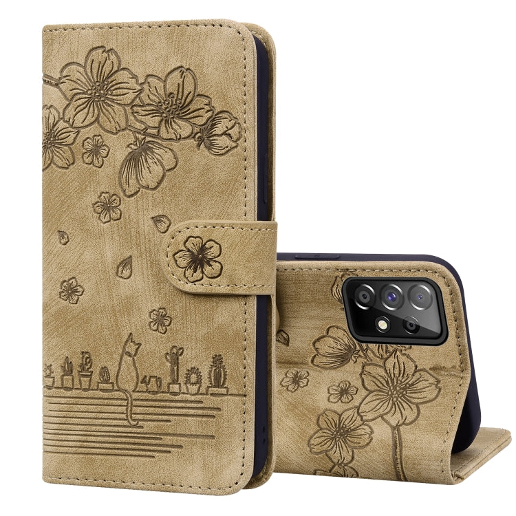 Cartoon Sakura Cat Embossed Leather Phone Case, For Samsung Galaxy A20 / A30, For Samsung Galaxy A22 4G, For Samsung Galaxy A22 5G / A22s 5G, For Samsung Galaxy A30s / A50s / A50, For Samsung Galaxy A32 5G, For Samsung Galaxy A33 5G                    ...