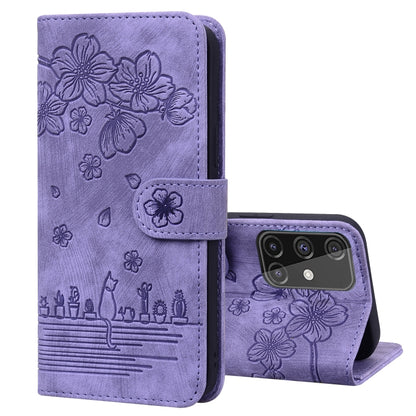 Cartoon Sakura Cat Embossed Leather Phone Case, For Samsung Galaxy A71 4G