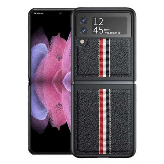 Litchi Texture Genuine Leather Color Strip Phone Case, For Samsung Galaxy Z Flip3 5G, For Samsung Galaxy Z Flip4