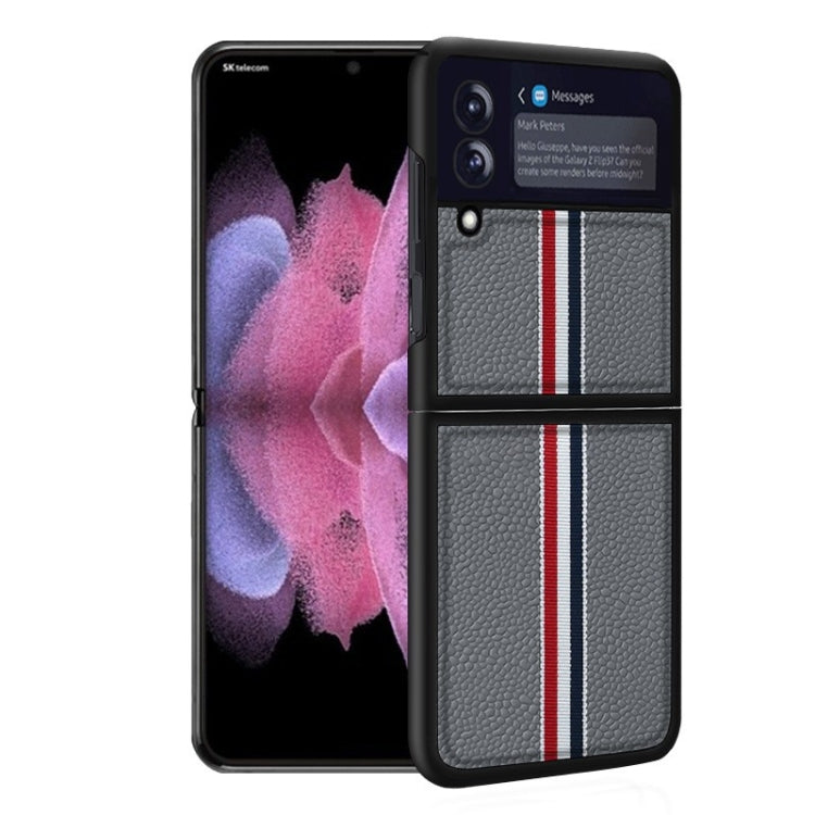 Litchi Texture Genuine Leather Color Strip Phone Case, For Samsung Galaxy Z Flip3 5G, For Samsung Galaxy Z Flip4