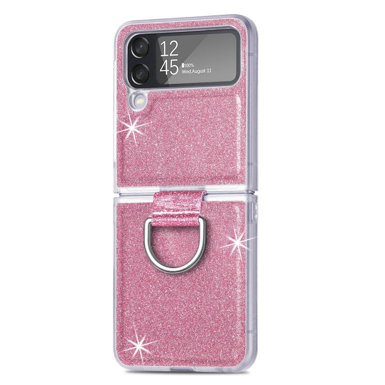 Glitter Leather Skin PC Phone Case with Ring, For Samsung Galaxy Z Flip4
