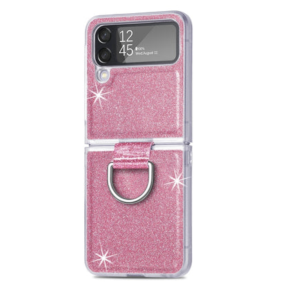 Glitter Leather Skin PC Phone Case with Ring, For Samsung Galaxy Z Flip4