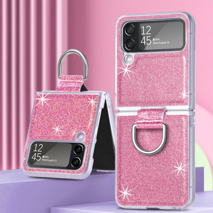 Glitter Leather Skin PC Phone Case with Ring, For Samsung Galaxy Z Flip4