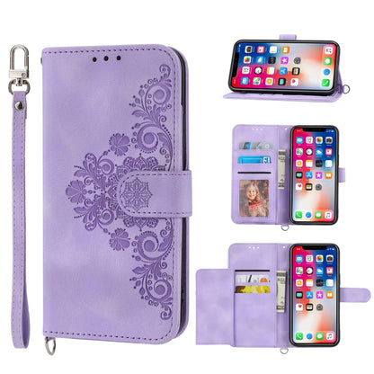 Skin-feel Flowers Embossed Wallet Leather Phone Case, For iPhone 11, For iPhone XS Max, For iPhone XS / X, For iPhone XR, For iPhone SE 2022 / SE 2020 / 8 / 7, For iPhone 8 Plus / 7 Plus
