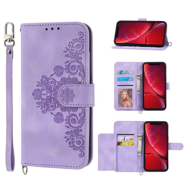 Skin-feel Flowers Embossed Wallet Leather Phone Case, For iPhone 11, For iPhone XS Max, For iPhone XS / X, For iPhone XR, For iPhone SE 2022 / SE 2020 / 8 / 7, For iPhone 8 Plus / 7 Plus