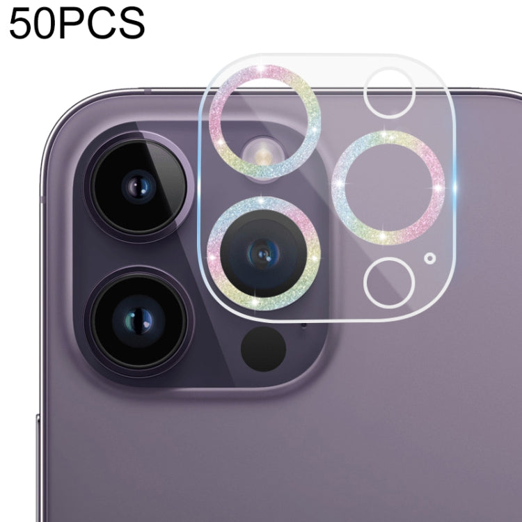 50pcs Tempered Glass Glitter CD Texture Back Camera Film, For iPhone 14 / 14 Plus (50 PCS), For iPhone 14 Pro Max / 14 Pro (50 PCS)