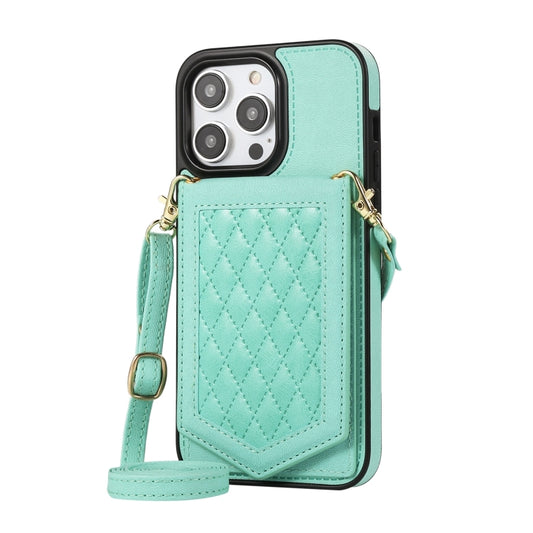 Rhombic Texture RFID Phone Case with Lanyard & Mirror, For iPhone 14 Pro Max, For iPhone 14 Pro, For iPhone 14, For iPhone 14 Plus, For iPhone 13 Pro Max, For iPhone 13 Pro, For iPhone 13, For iPhone 13 mini, For iPhone 12 Pro Max