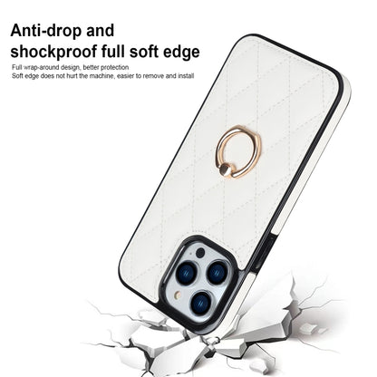 Rhombic PU Leather Phone Case with Ring Holder, For iPhone 13 Pro, For iPhone 13 Pro Max, For iPhone 12 mini, For iPhone 12 / 12 Pro, For iPhone 12 Pro Max, For iPhone 11