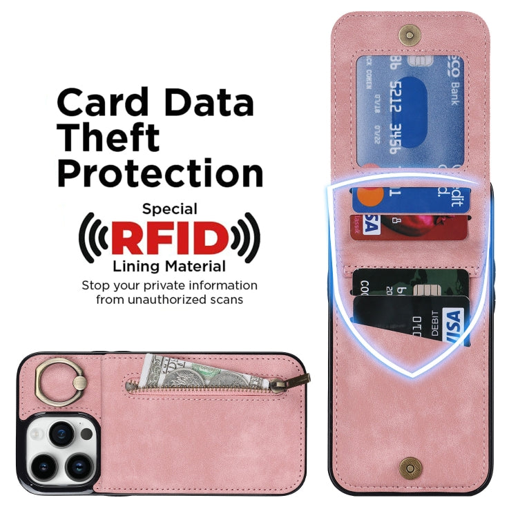 Retro Ring and Zipper RFID Card Slot Phone Case, For iPhone 13, For iPhone 13 Pro, For iPhone 13 Pro Max, For iPhone 12, For iPhone 12 Pro, For iPhone 12 Pro Max, For iPhone 11, For iPhone 11 Pro