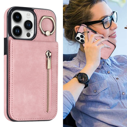 Retro Ring and Zipper RFID Card Slot Phone Case, For iPhone 13, For iPhone 13 Pro, For iPhone 13 Pro Max, For iPhone 12, For iPhone 12 Pro, For iPhone 12 Pro Max, For iPhone 11, For iPhone 11 Pro