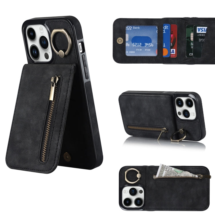 Retro Ring and Zipper RFID Card Slot Phone Case, For iPhone 13, For iPhone 13 Pro, For iPhone 13 Pro Max, For iPhone 12, For iPhone 12 Pro, For iPhone 12 Pro Max, For iPhone 11, For iPhone 11 Pro