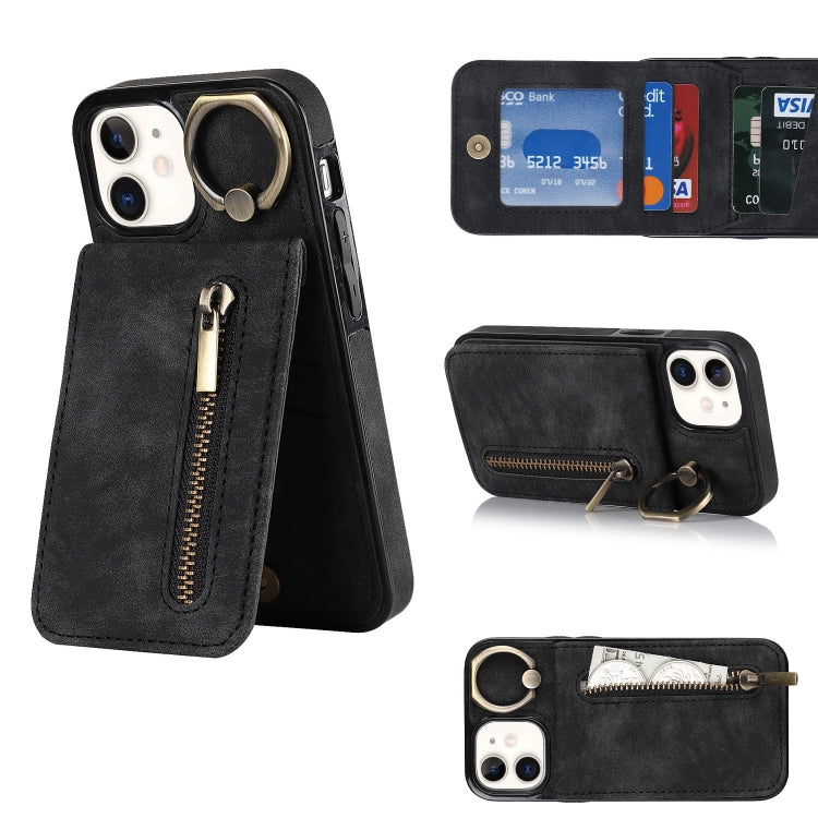 Retro Ring and Zipper RFID Card Slot Phone Case, For iPhone 13, For iPhone 13 Pro, For iPhone 13 Pro Max, For iPhone 12, For iPhone 12 Pro, For iPhone 12 Pro Max, For iPhone 11, For iPhone 11 Pro