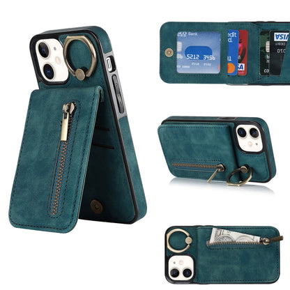 Retro Ring and Zipper RFID Card Slot Phone Case, For iPhone 13, For iPhone 13 Pro, For iPhone 13 Pro Max, For iPhone 12, For iPhone 12 Pro, For iPhone 12 Pro Max, For iPhone 11, For iPhone 11 Pro