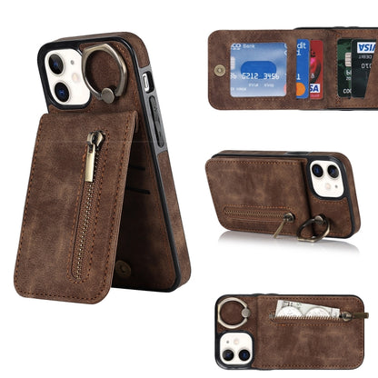 Retro Ring and Zipper RFID Card Slot Phone Case, For iPhone 13, For iPhone 13 Pro, For iPhone 13 Pro Max, For iPhone 12, For iPhone 12 Pro, For iPhone 12 Pro Max, For iPhone 11, For iPhone 11 Pro
