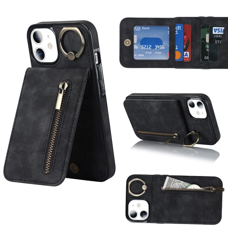 Retro Ring and Zipper RFID Card Slot Phone Case, For iPhone 13, For iPhone 13 Pro, For iPhone 13 Pro Max, For iPhone 12, For iPhone 12 Pro, For iPhone 12 Pro Max, For iPhone 11, For iPhone 11 Pro